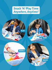Multi-purpose kids lap desk for travel, drawing, and eating on the go- Child using lap tray for coloring ,play, eating, painting during travel – India family trip essential. no scope for boredom when your child has a travel tray