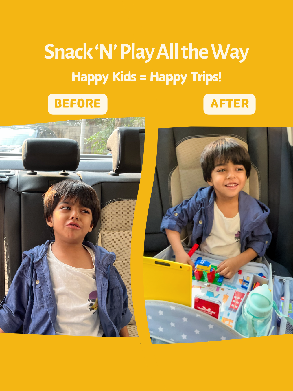 Kid getting restless without travel tray during long journeys. With travel tray he remains happy and busy. this is a travel essential in India for flights and road trips.