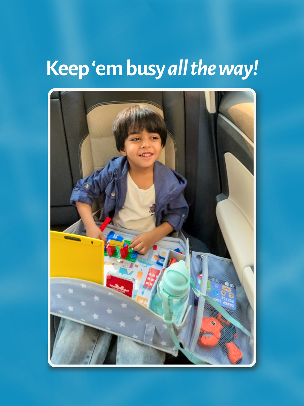 Lightweight lap tray for toddlers – ideal to keep kids busy playing independently during long road trips or flights. 