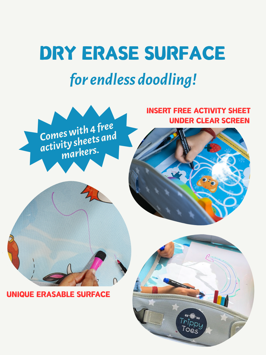 Kids activity table for travel - with dry-erase surface - easy to doodle and clean again mess free