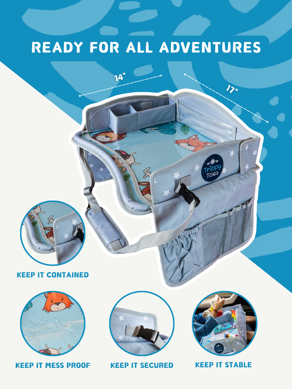 Travel tray with best features - Lap tray with raised edges to keep things from falling. tray stays stable and doesnt wobble in car rides and plane. 